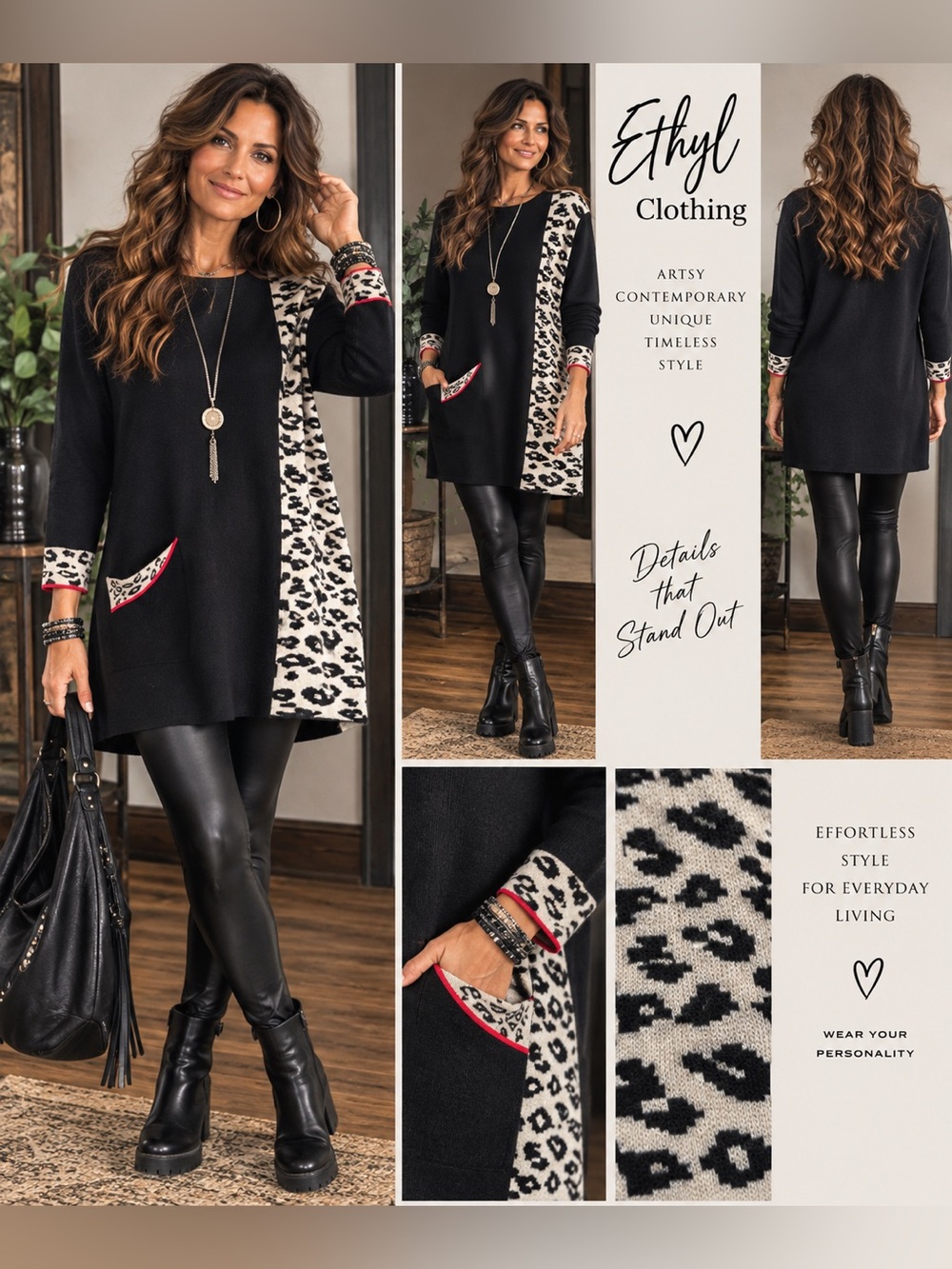 Ethyl Black Leopard Print Longline Sweater/Tunic Artsy Lagenlook size L